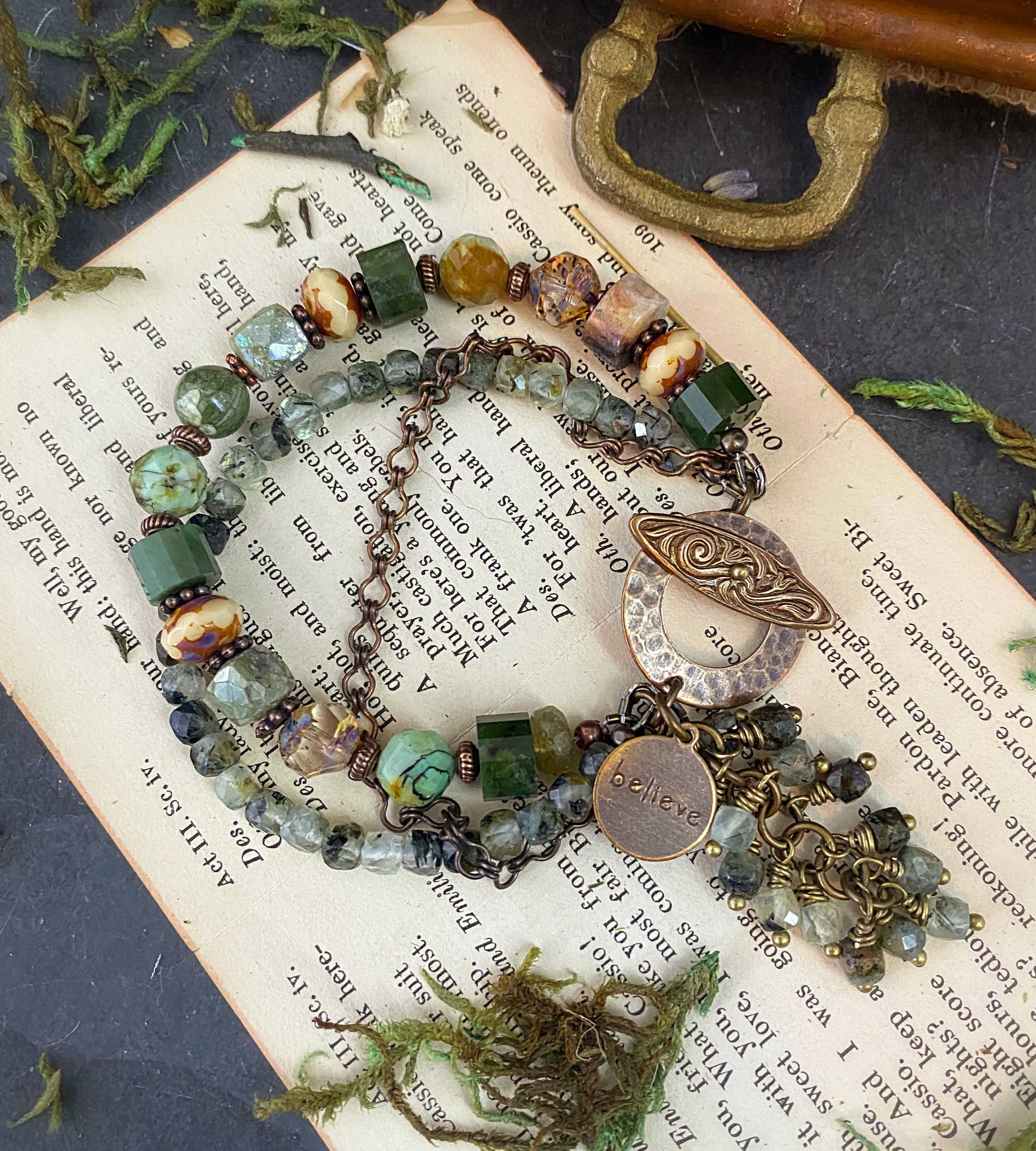 Nephrite jade stone, Czech glass, azurite, prehnite, amazonite, bronze metal, bracelet.