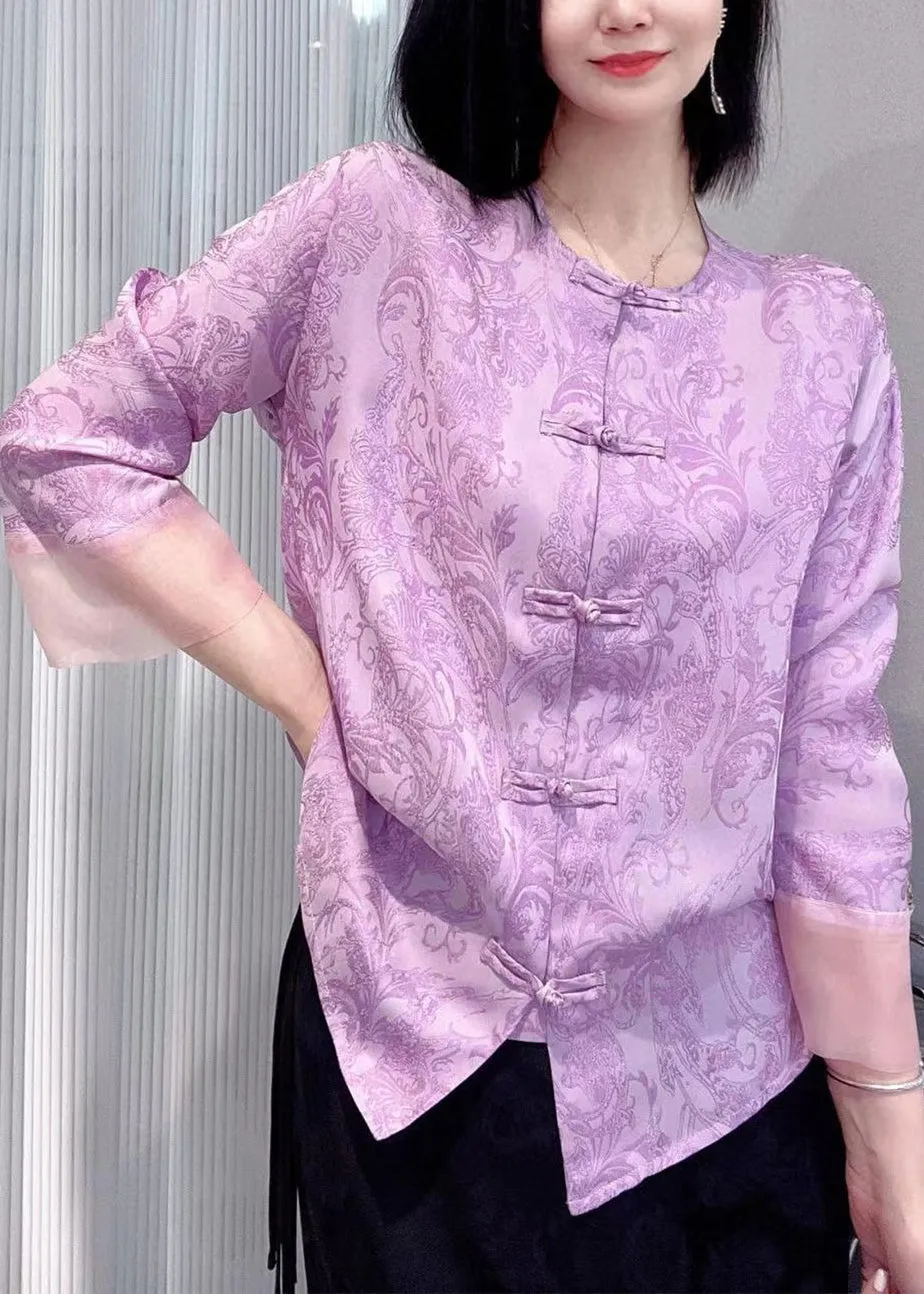 New Purple Button Print Silk Cotton Shirts Long Sleeve QA1047