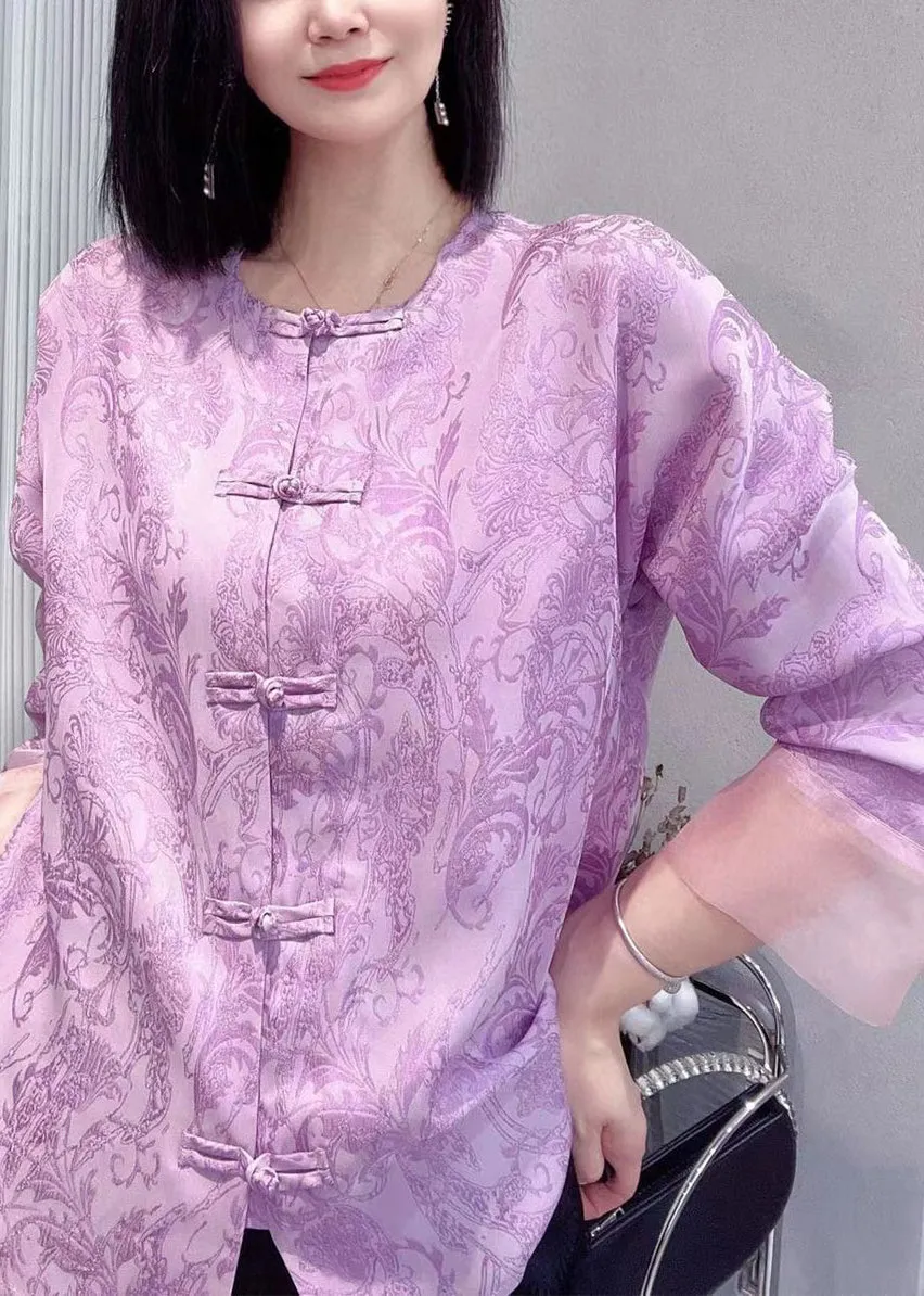 New Purple Button Print Silk Cotton Shirts Long Sleeve QA1047