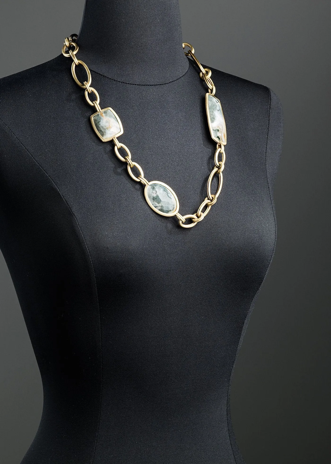 Ocean Jasper Chain Link Necklace, Antiqued Brass