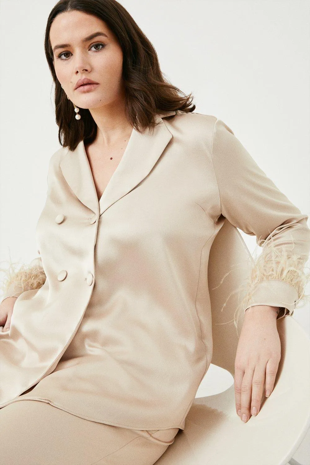 Plus Size Satin Crepe Double Breasted Feather Jacket | Karen Millen