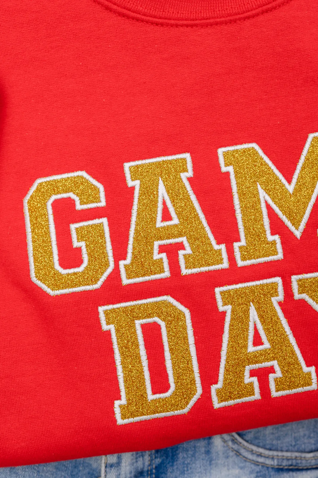 PREORDER: Embroidered Glitter Game Day Sweatshirt in Red/Golden Yellow