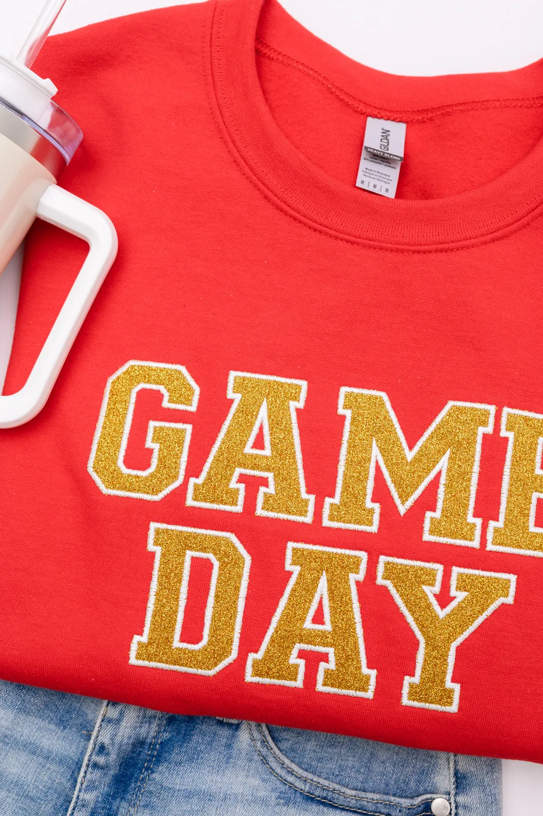 PREORDER: Embroidered Glitter Game Day Sweatshirt in Red/Golden Yellow