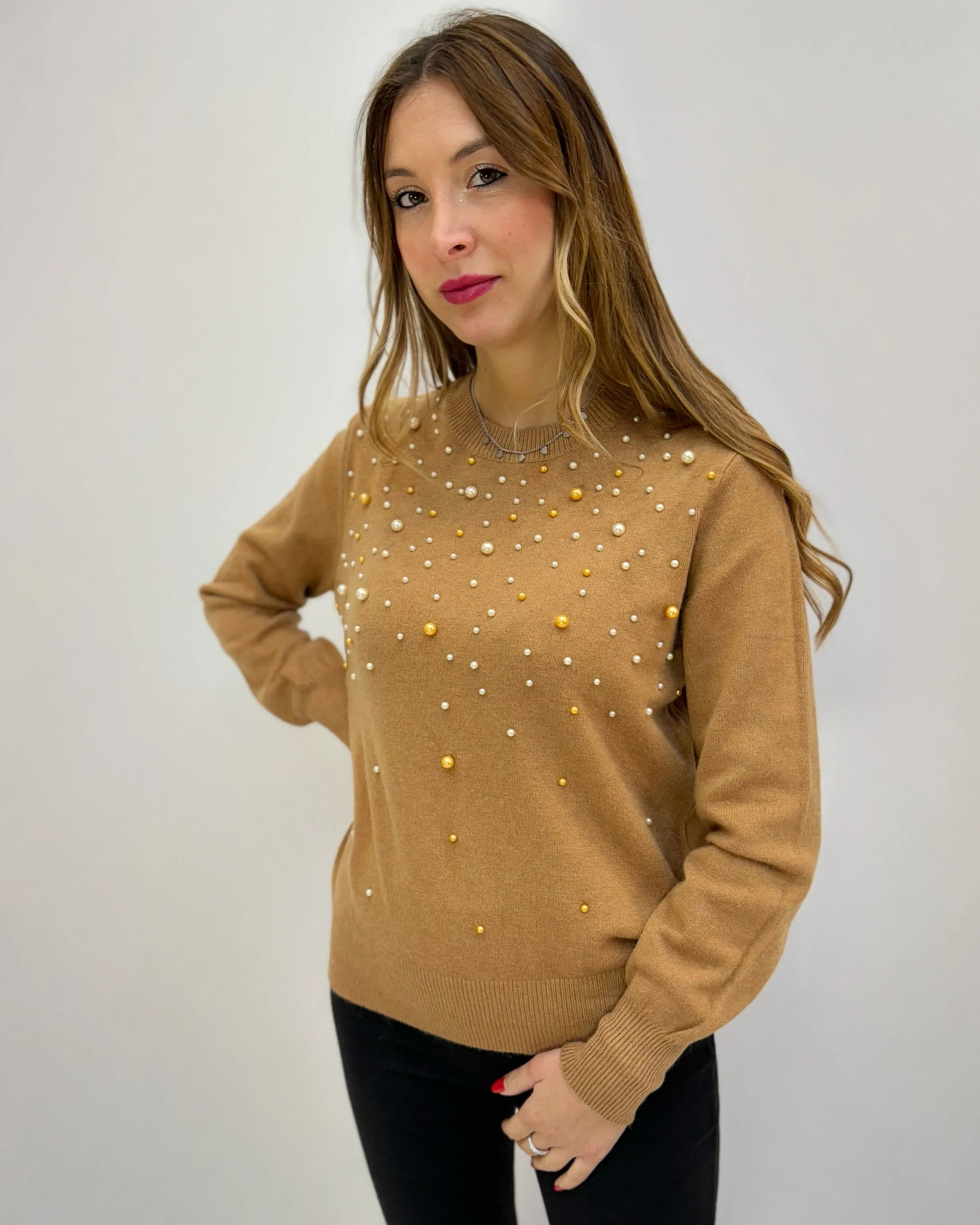 Pullover girocollo con perle