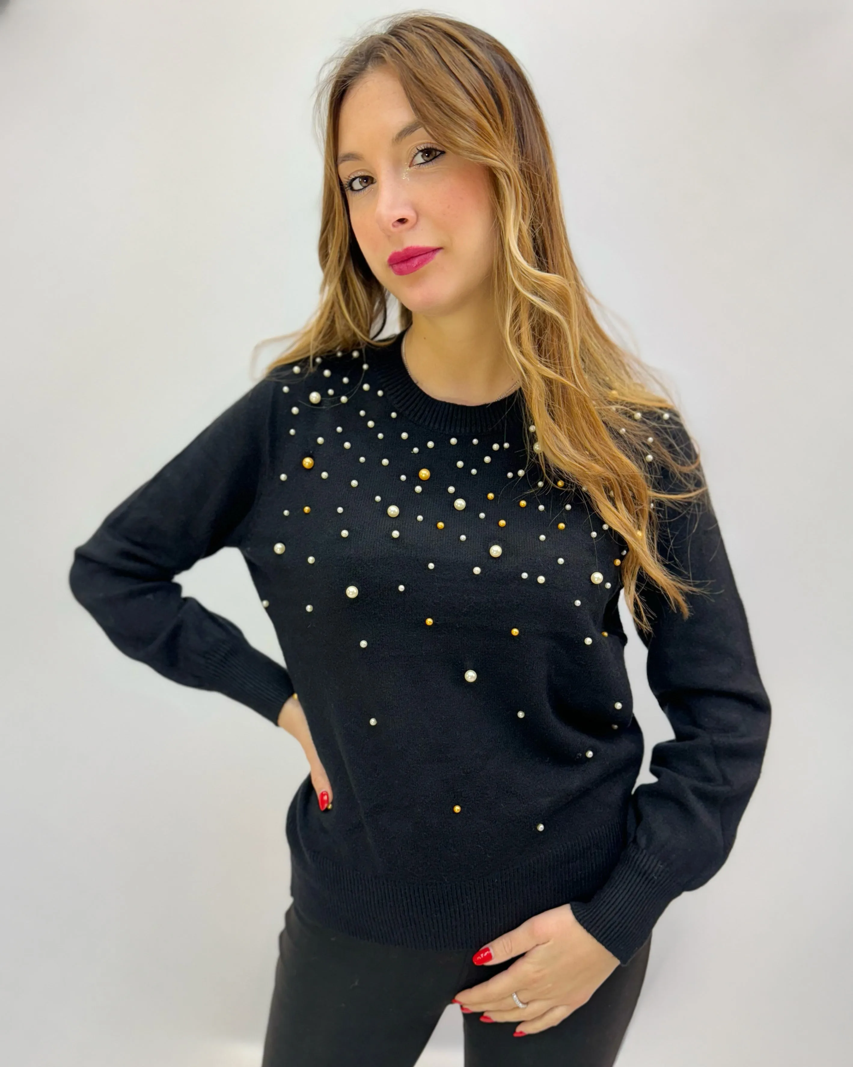 Pullover girocollo con perle