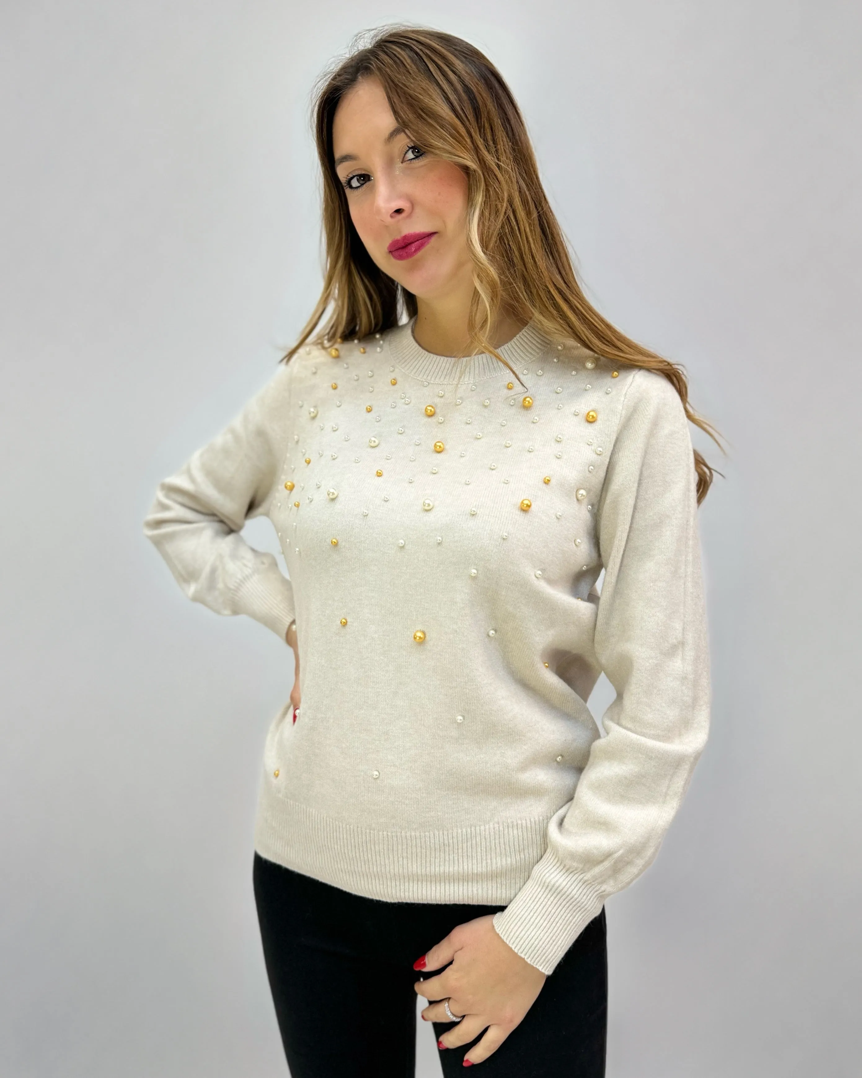 Pullover girocollo con perle