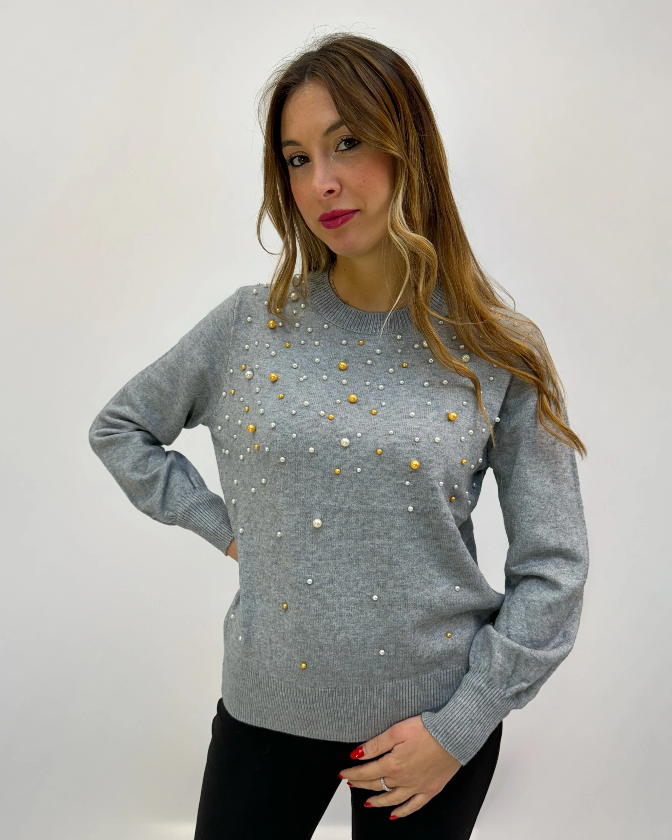 Pullover girocollo con perle