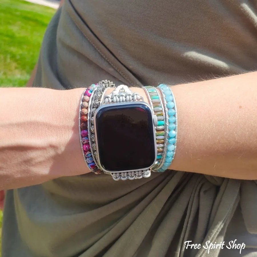 Purple Jasper & Aqua Blue Beaded Apple Watch Band