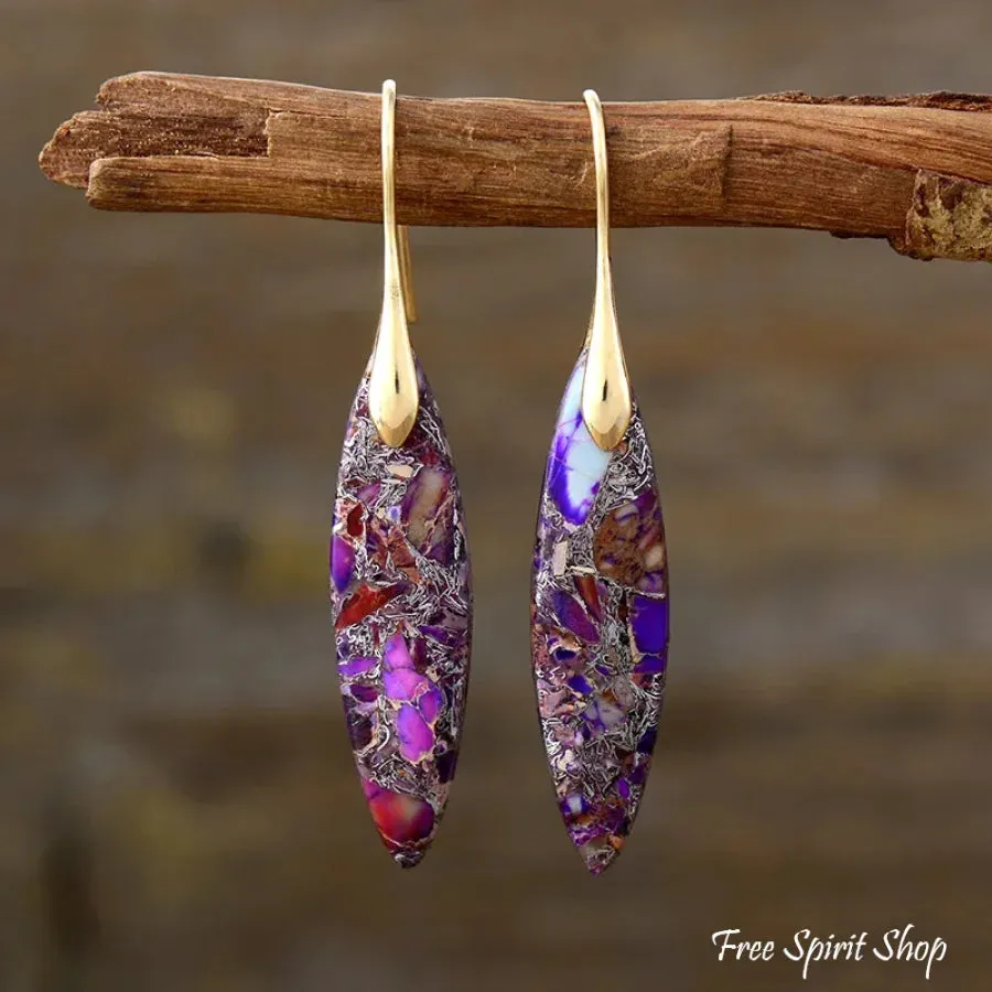 Purple Jasper Leaf Shape Drop Earrings