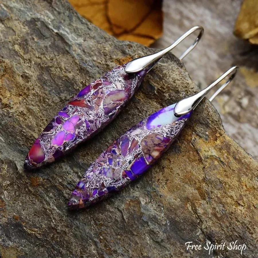 Purple Jasper Leaf Shape Drop Earrings