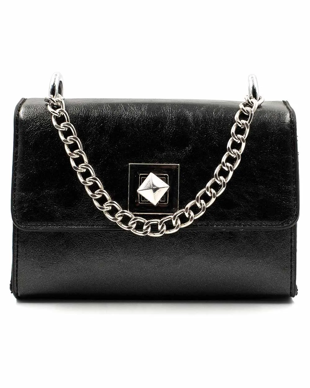 Purse - Small Black X-Body Bag W/ Turn Clasp And Chains Black Sv