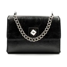 Purse - Small Black X-Body Bag W/ Turn Clasp And Chains Black Sv