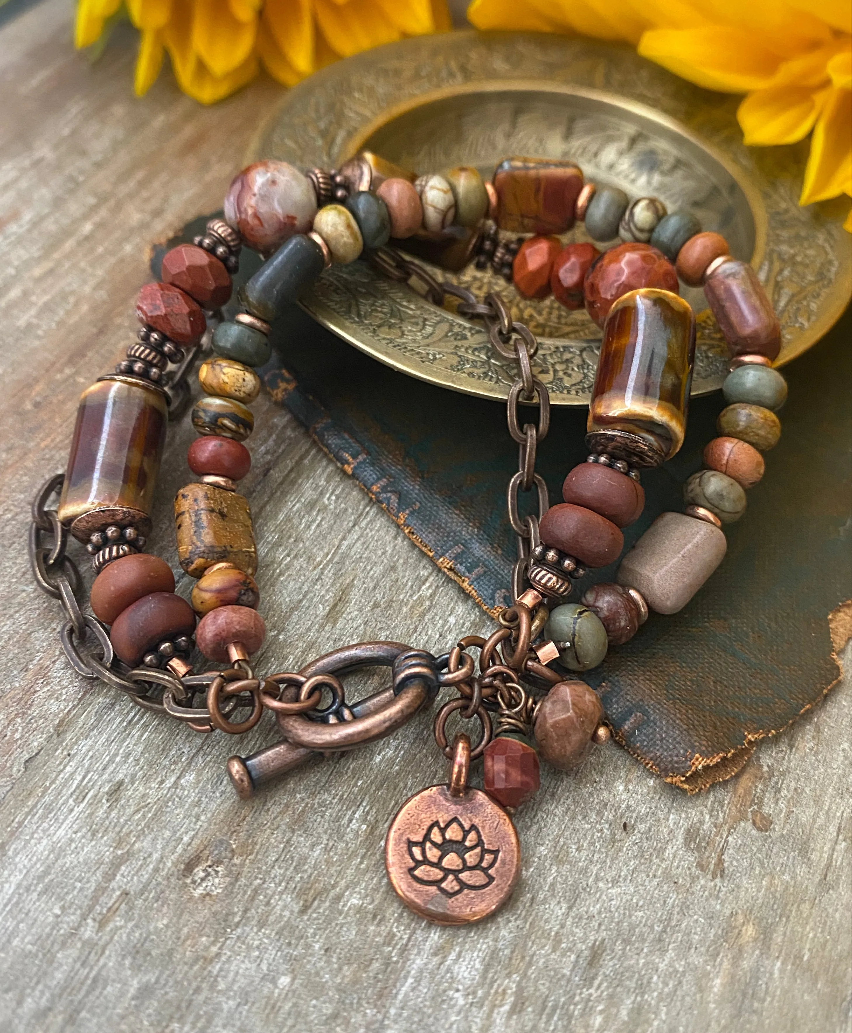 Red creek Jasper stone, ceramic, multi strand, copper metal bracelet.