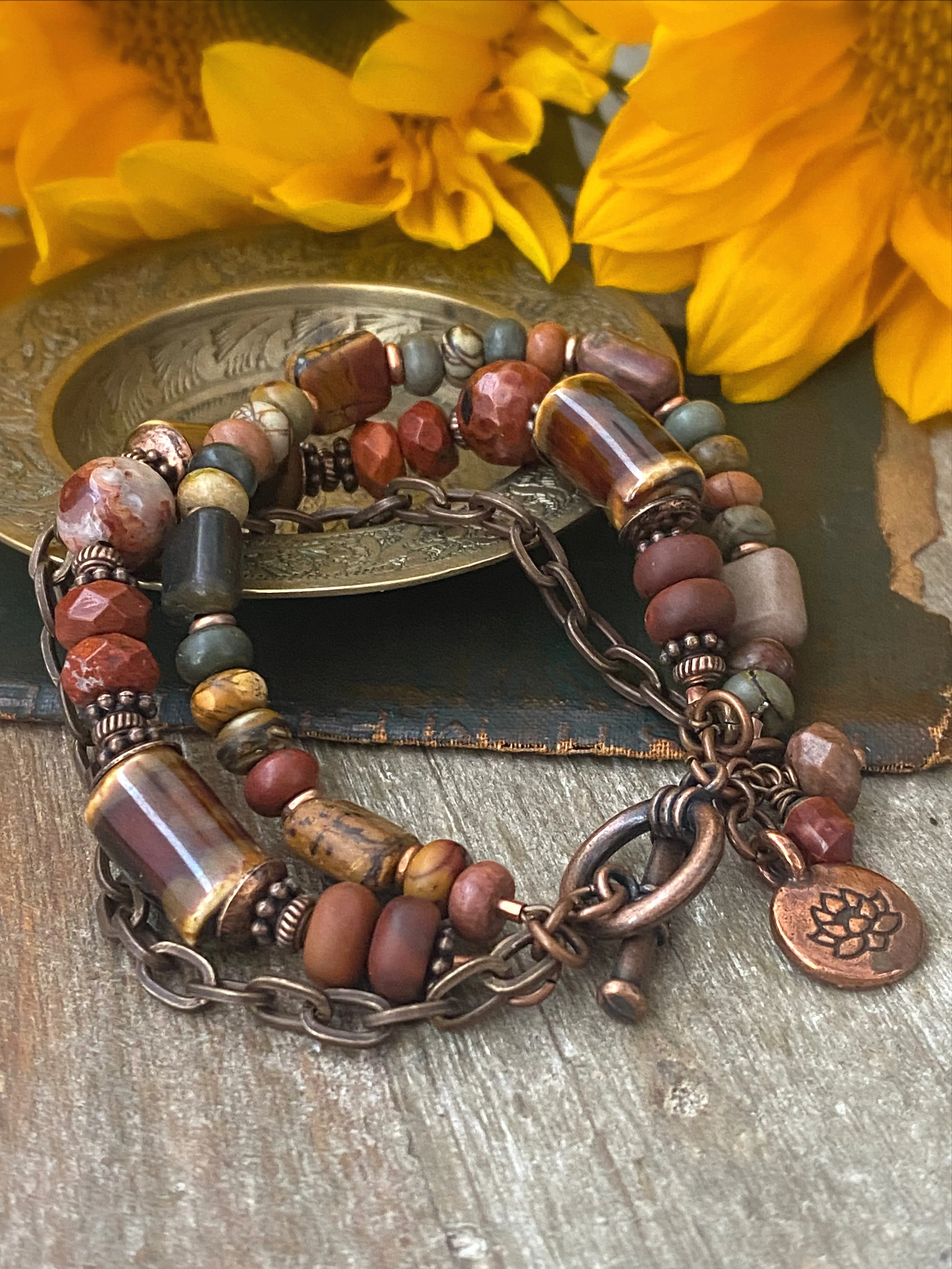 Red creek Jasper stone, ceramic, multi strand, copper metal bracelet.