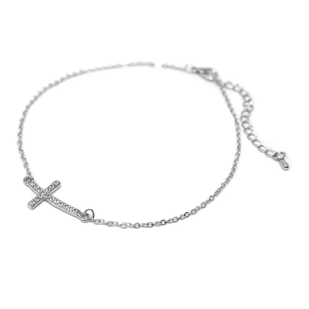 Rhodium Plated Anklet with Cubic Zirconia Sideways Cross