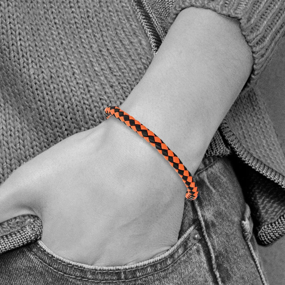 Stainless Steel Black or Black/Orange Leather 7mm Woven Bracelet, 9 In