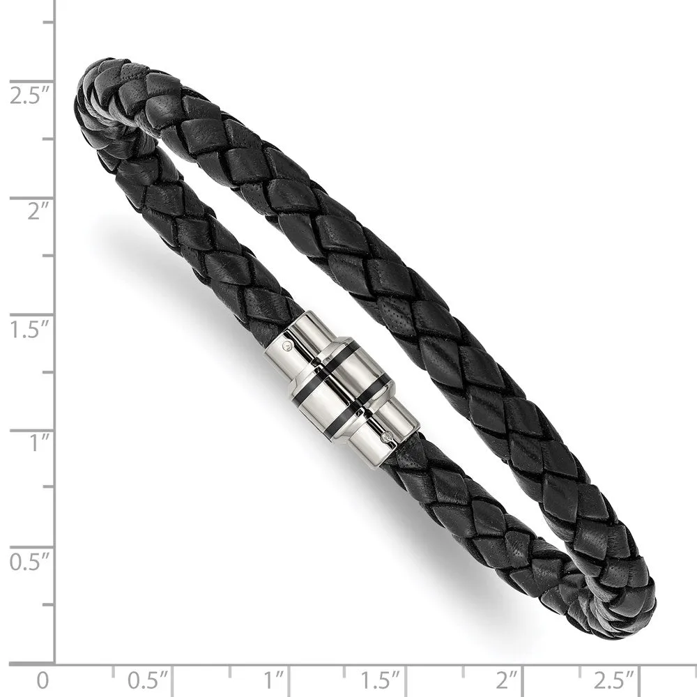 Stainless Steel Black or Black/Orange Leather 7mm Woven Bracelet, 9 In