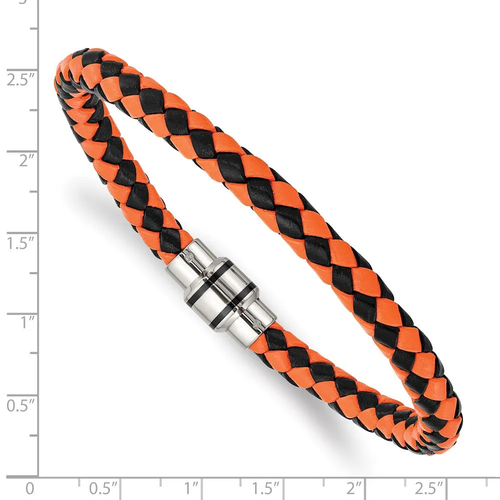 Stainless Steel Black or Black/Orange Leather 7mm Woven Bracelet, 9 In