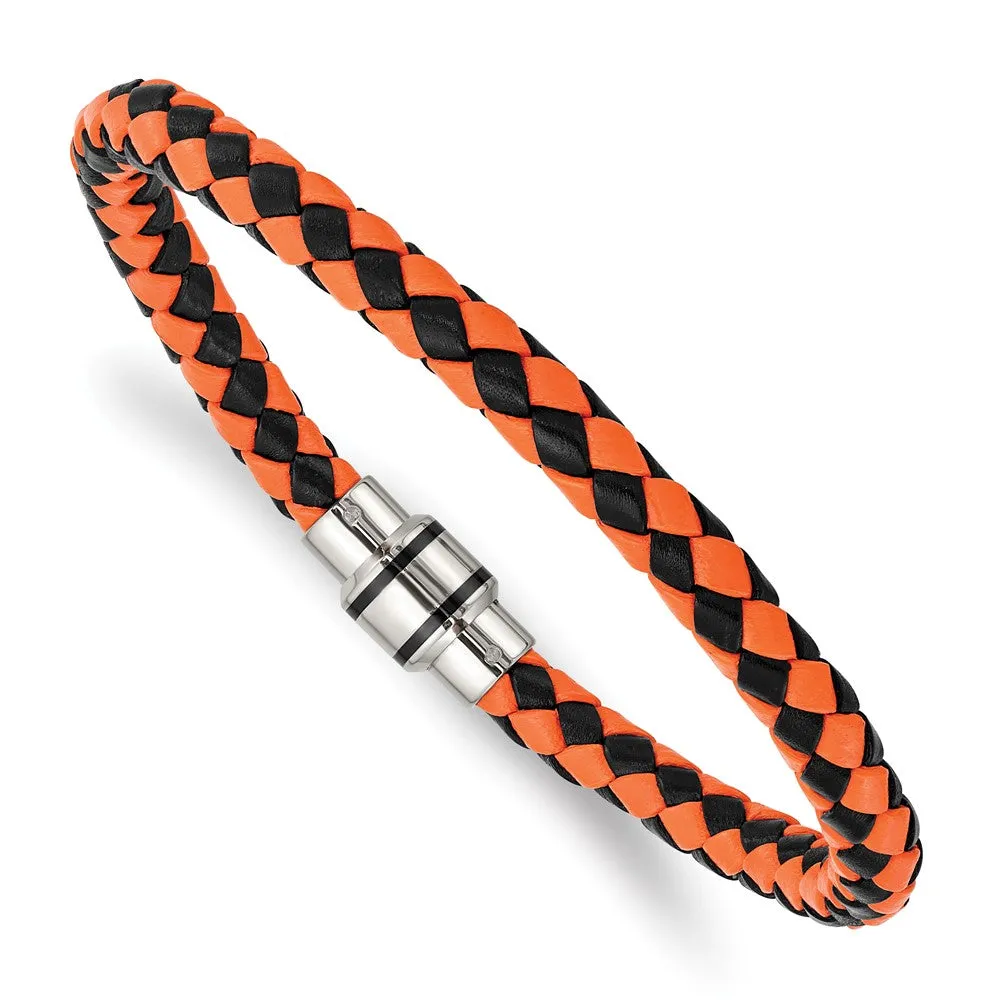 Stainless Steel Black or Black/Orange Leather 7mm Woven Bracelet, 9 In