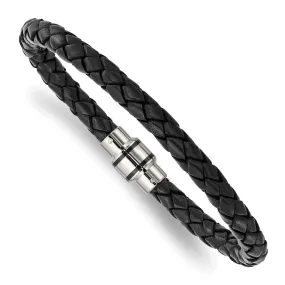 Stainless Steel Black or Black/Orange Leather 7mm Woven Bracelet, 9 In