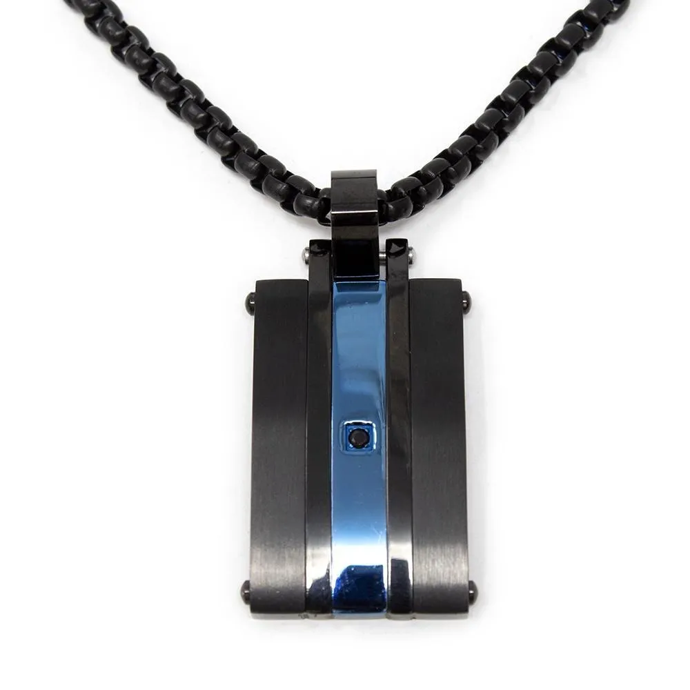 Stainless Steel Necklace Matte Black Blue Ion Plated Black Cubic Zirconia Pendant on Chain