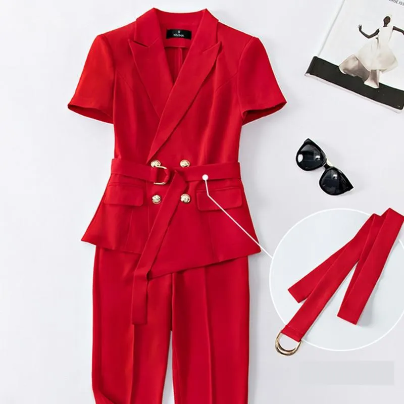 Summer Fashion Medium Women's Short Sleeve Blazer and Pant Suit with Belt on Clearance