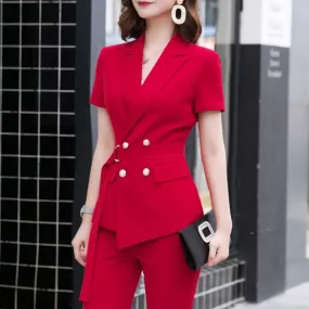 Summer Fashion Medium Women's Short Sleeve Blazer and Pant Suit with Belt on Clearance