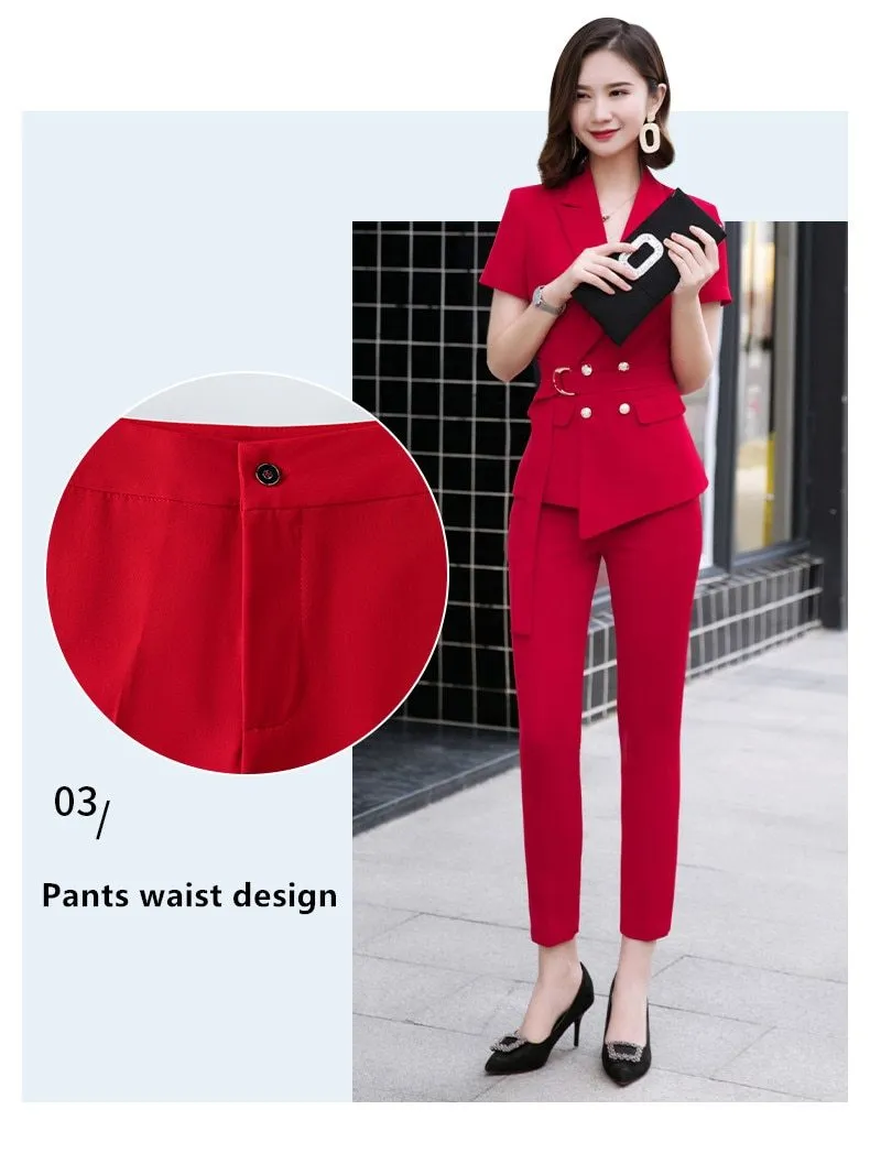 Summer Fashion Medium Women's Short Sleeve Blazer and Pant Suit with Belt on Clearance