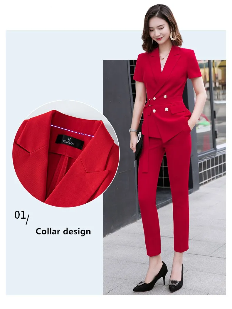 Summer Fashion Medium Women's Short Sleeve Blazer and Pant Suit with Belt on Clearance