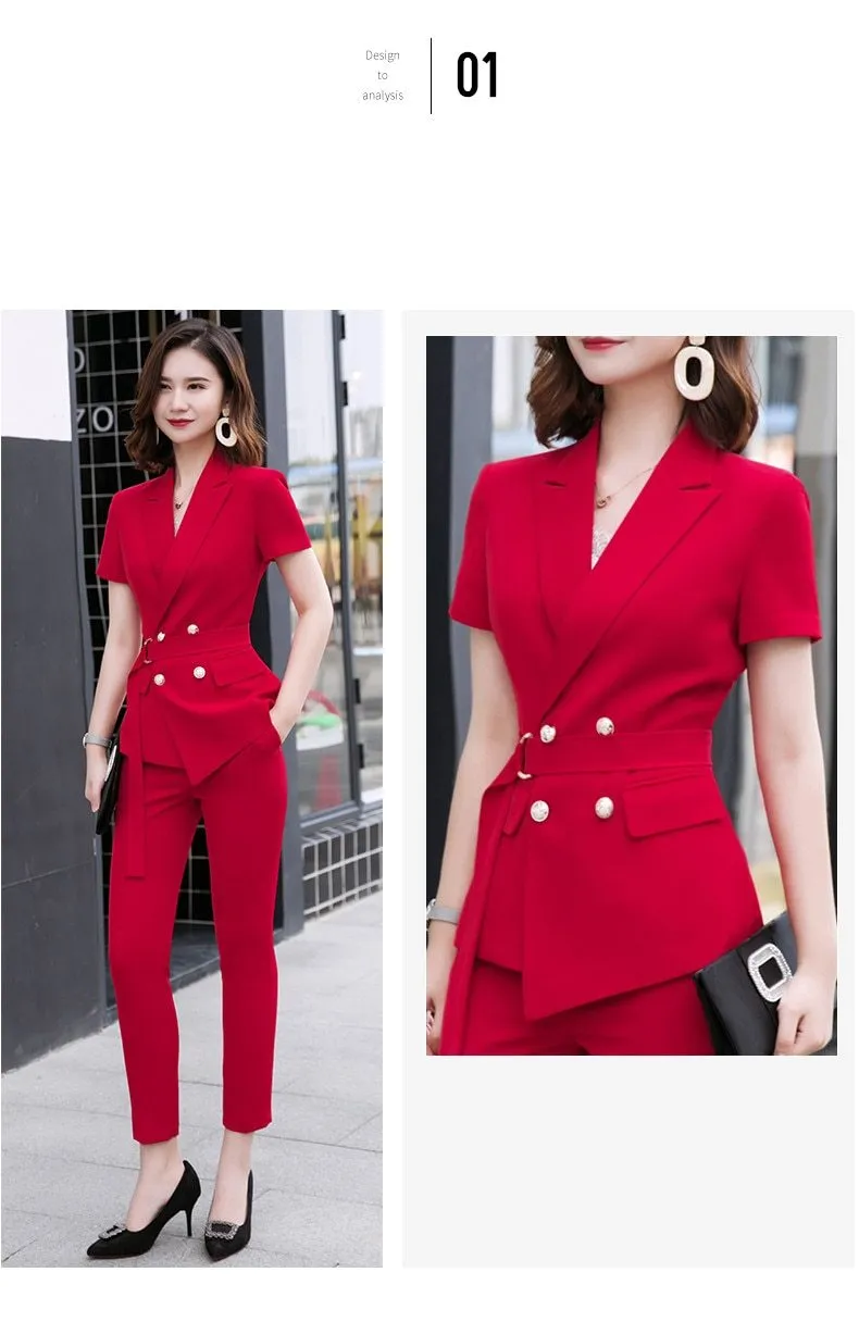 Summer Fashion Medium Women's Short Sleeve Blazer and Pant Suit with Belt on Clearance