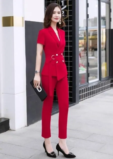 Summer Fashion Medium Women's Short Sleeve Blazer and Pant Suit with Belt on Clearance