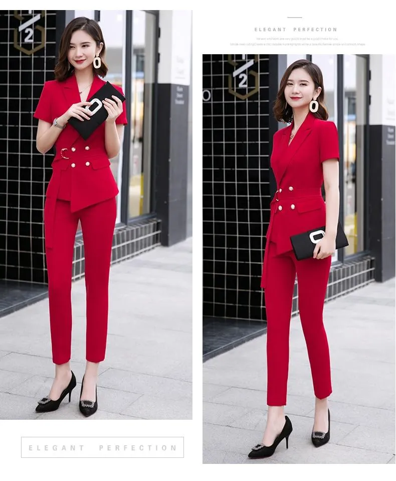 Summer Fashion Medium Women's Short Sleeve Blazer and Pant Suit with Belt on Clearance