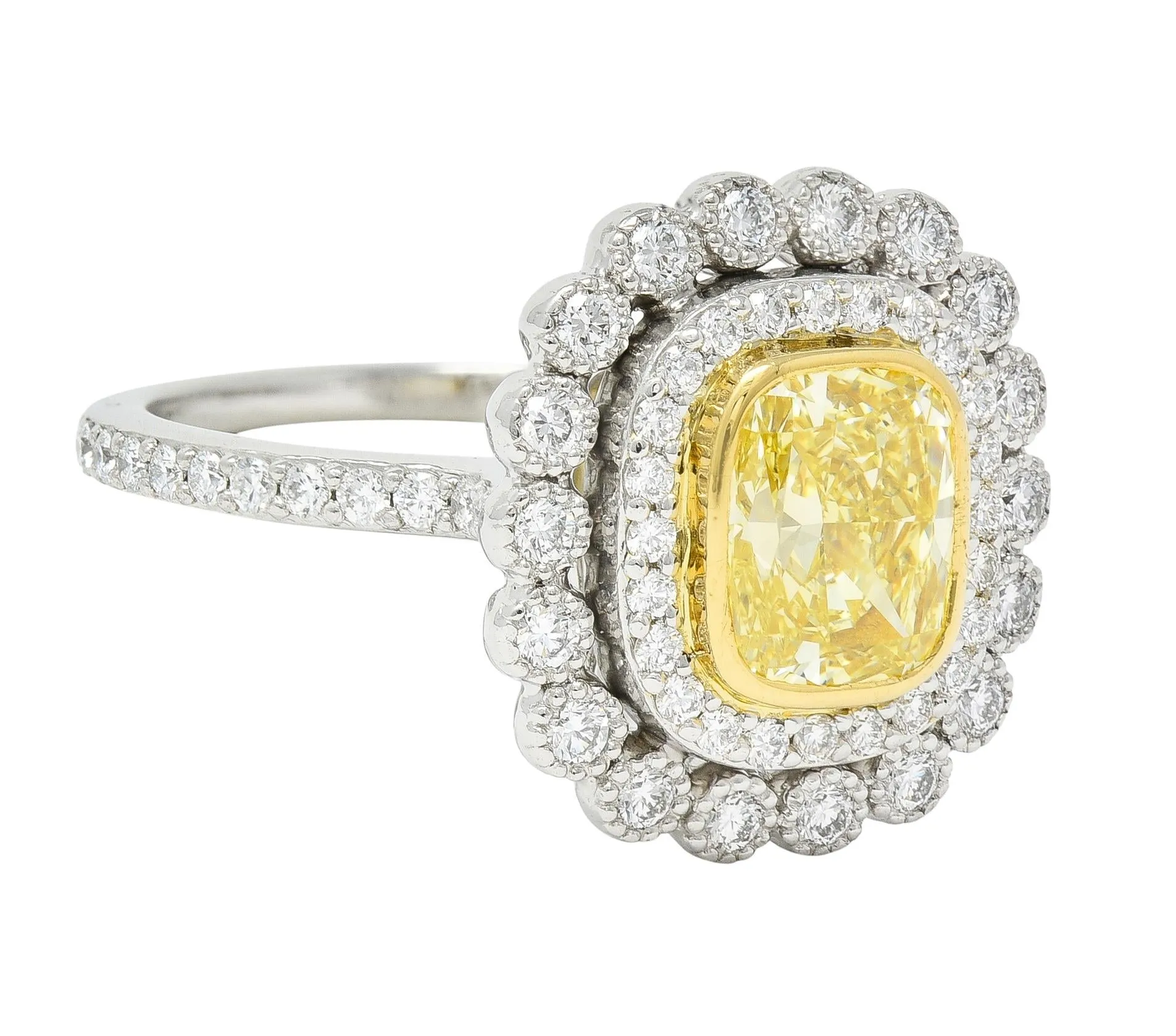 Tiffany & Co. 1.87 CTW Fancy Yellow Diamond Platinum 18 Karat Soleste Halo Ring