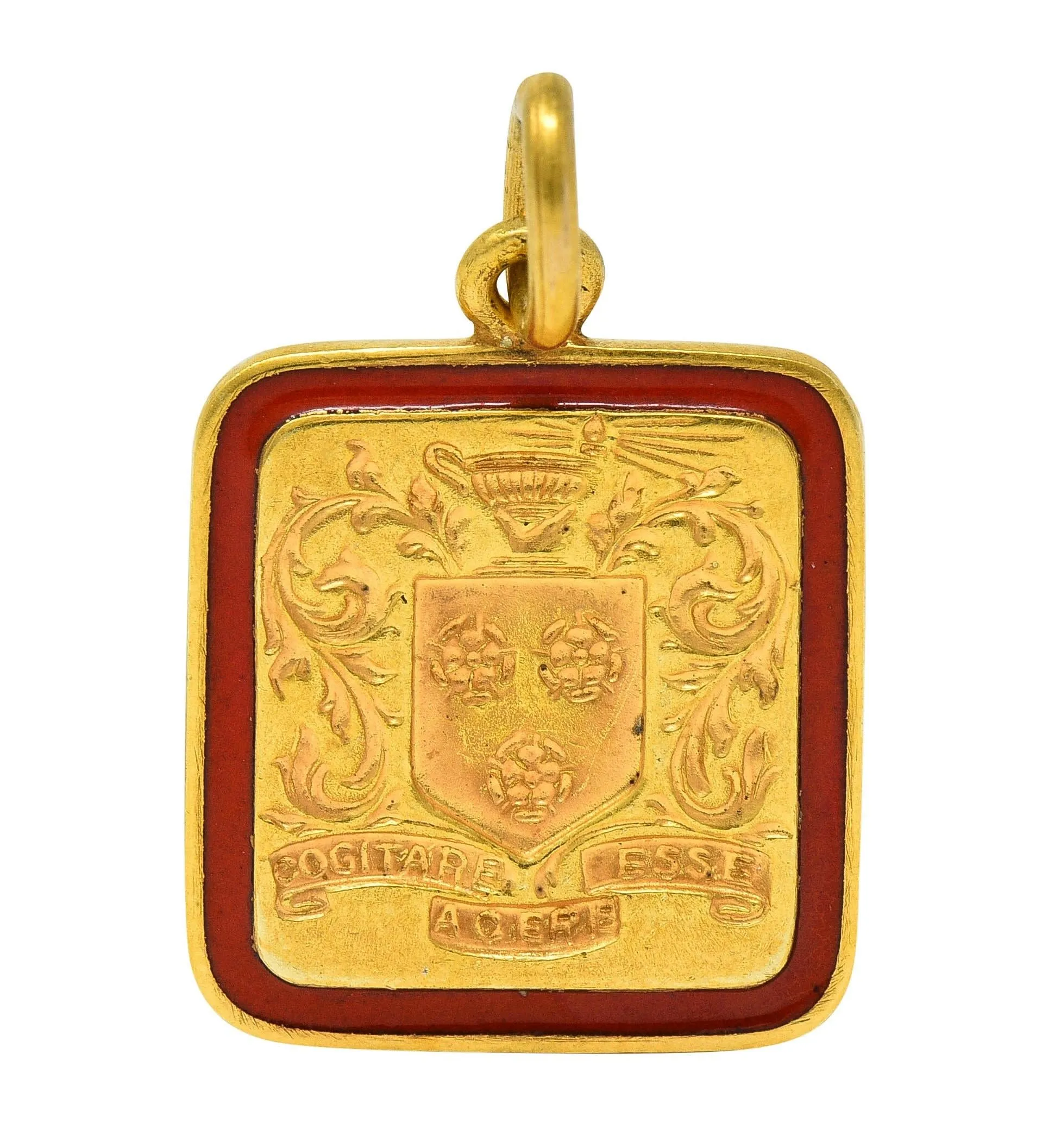 Tiffany & Co. 1945 Enamel 14 Karat Gold School Crest Antique Intaglio Pendant Charm