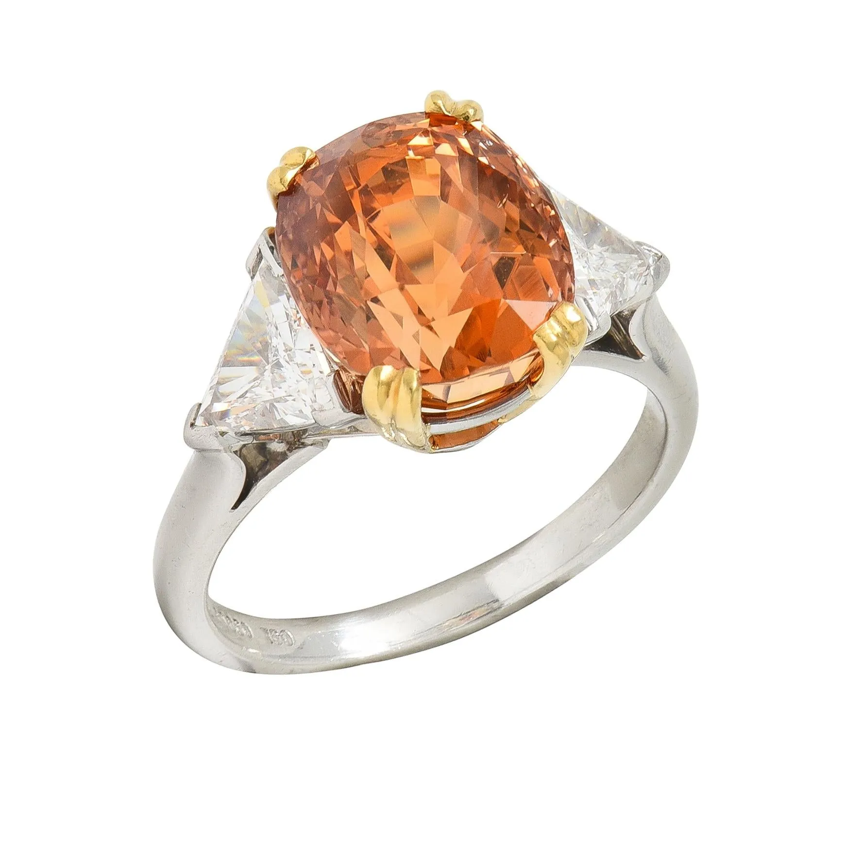 Tiffany & Co. 8.61 CTW Orange Sapphire Diamond 18 Karat Gold Platinum Vintage Three Stone Ring