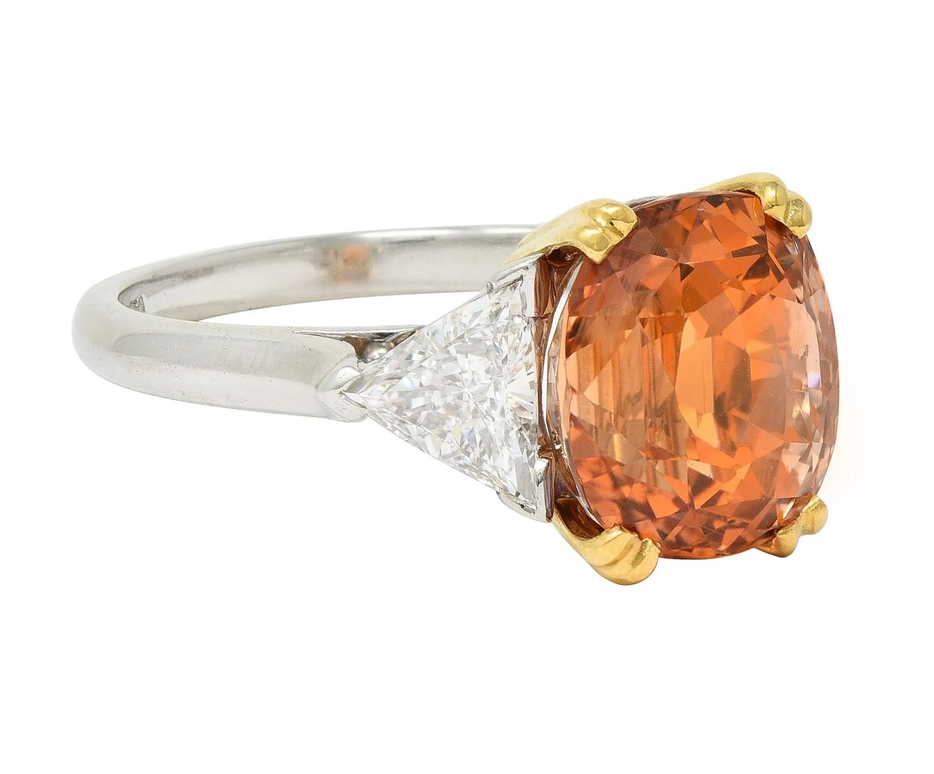 Tiffany & Co. 8.61 CTW Orange Sapphire Diamond 18 Karat Gold Platinum Vintage Three Stone Ring