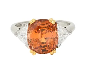 Tiffany & Co. 8.61 CTW Orange Sapphire Diamond 18 Karat Gold Platinum Vintage Three Stone Ring