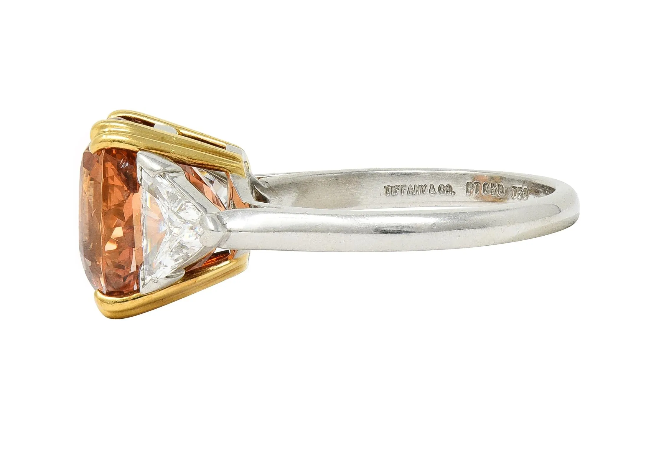 Tiffany & Co. 8.61 CTW Orange Sapphire Diamond 18 Karat Gold Platinum Vintage Three Stone Ring