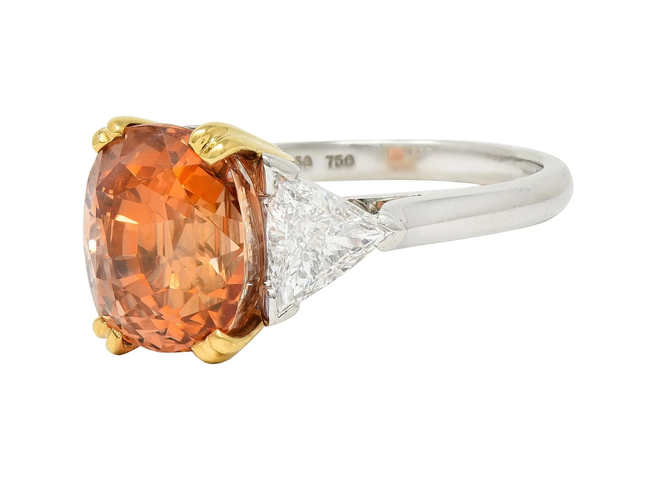 Tiffany & Co. 8.61 CTW Orange Sapphire Diamond 18 Karat Gold Platinum Vintage Three Stone Ring