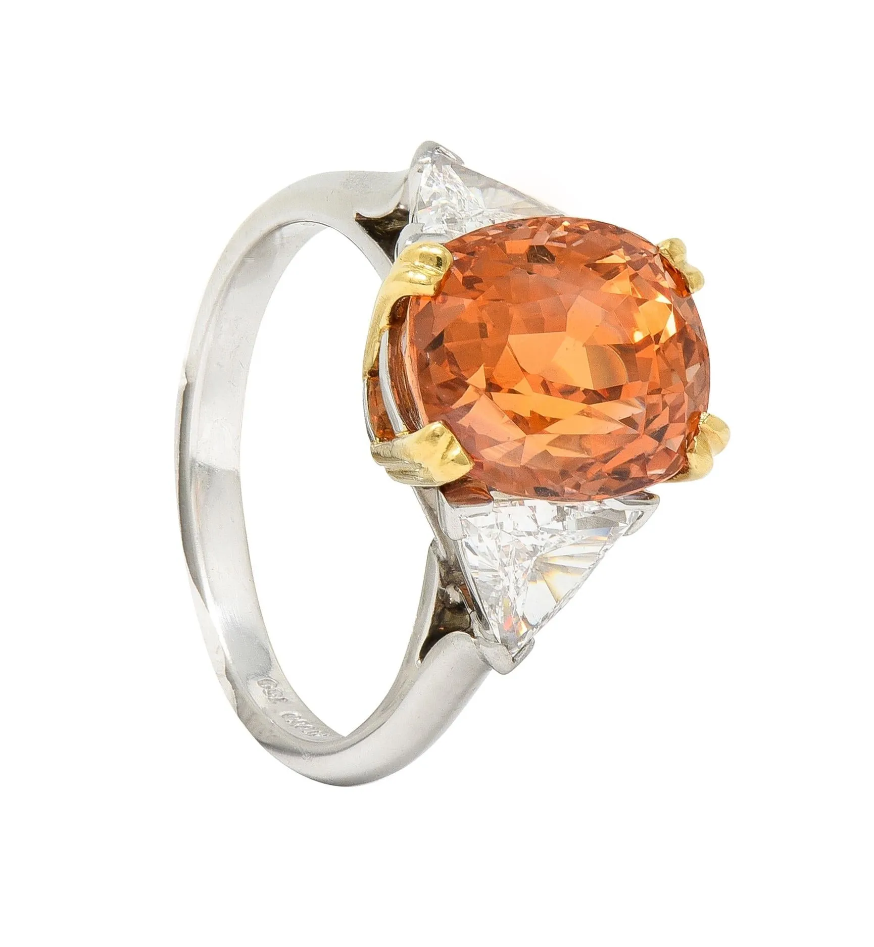 Tiffany & Co. 8.61 CTW Orange Sapphire Diamond 18 Karat Gold Platinum Vintage Three Stone Ring