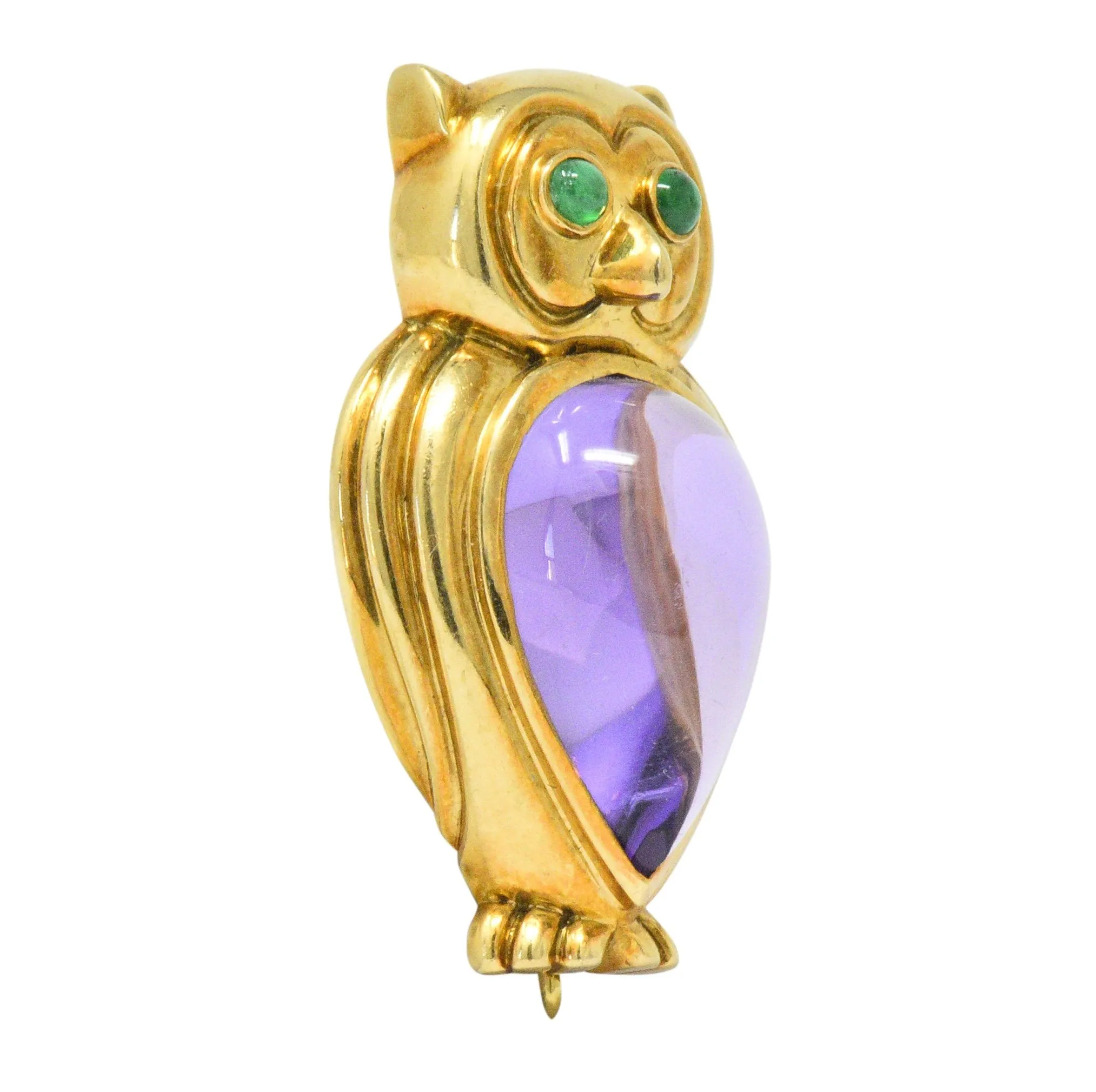 Tiffany & Co. Amethyst Emerald 18 Karat Gold Owl Brooch