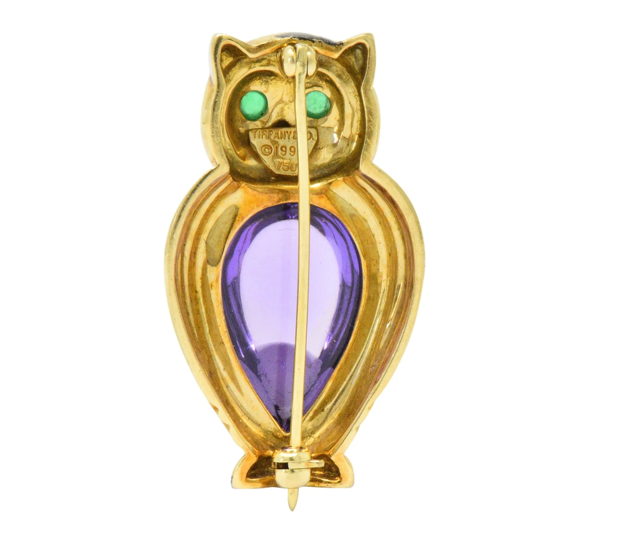 Tiffany & Co. Amethyst Emerald 18 Karat Gold Owl Brooch