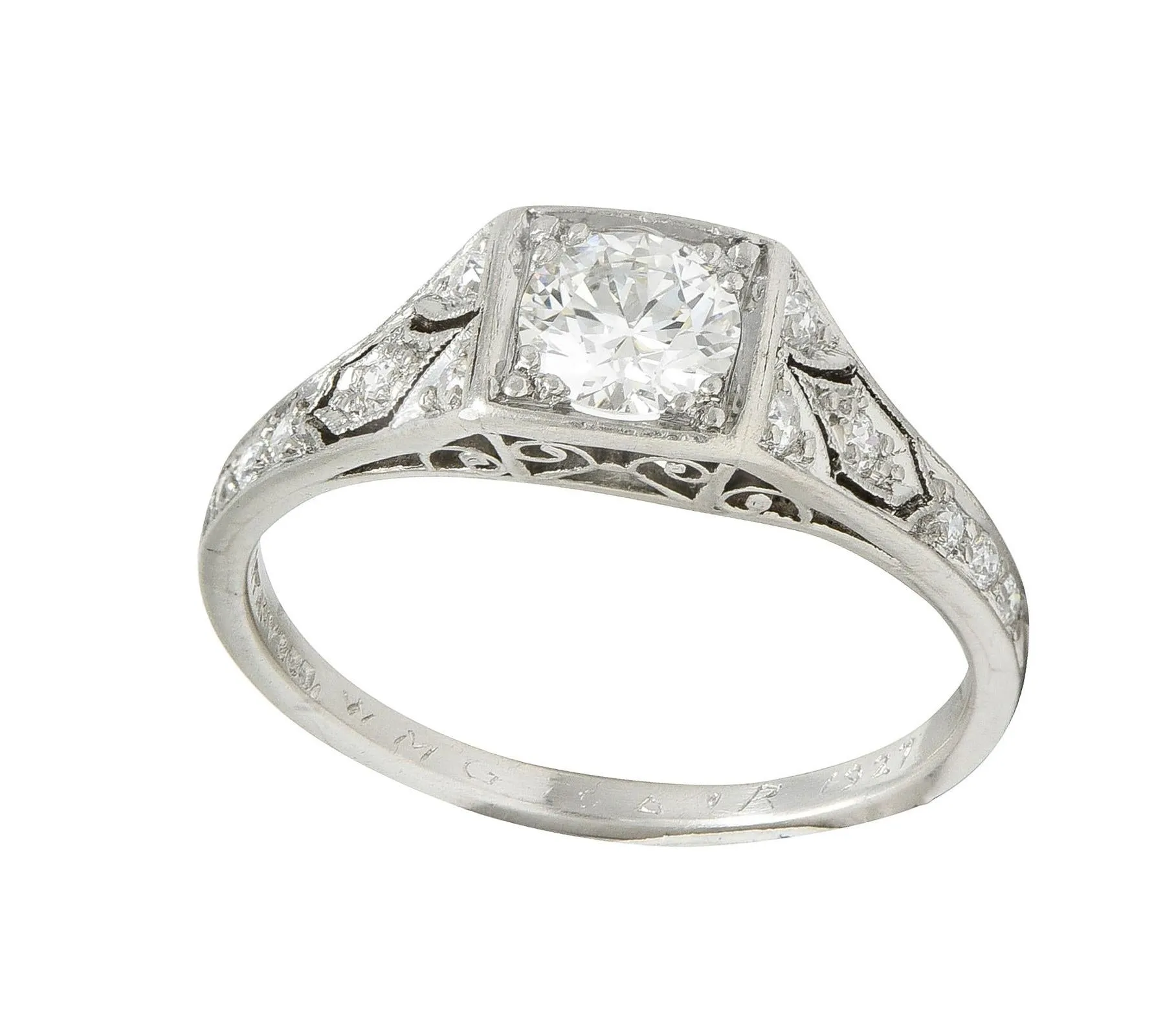 Tiffany & Co. Art Deco Old European Cut Diamond Platinum Scroll Antique Engagement Ring