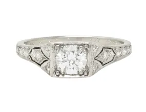 Tiffany & Co. Art Deco Old European Cut Diamond Platinum Scroll Antique Engagement Ring