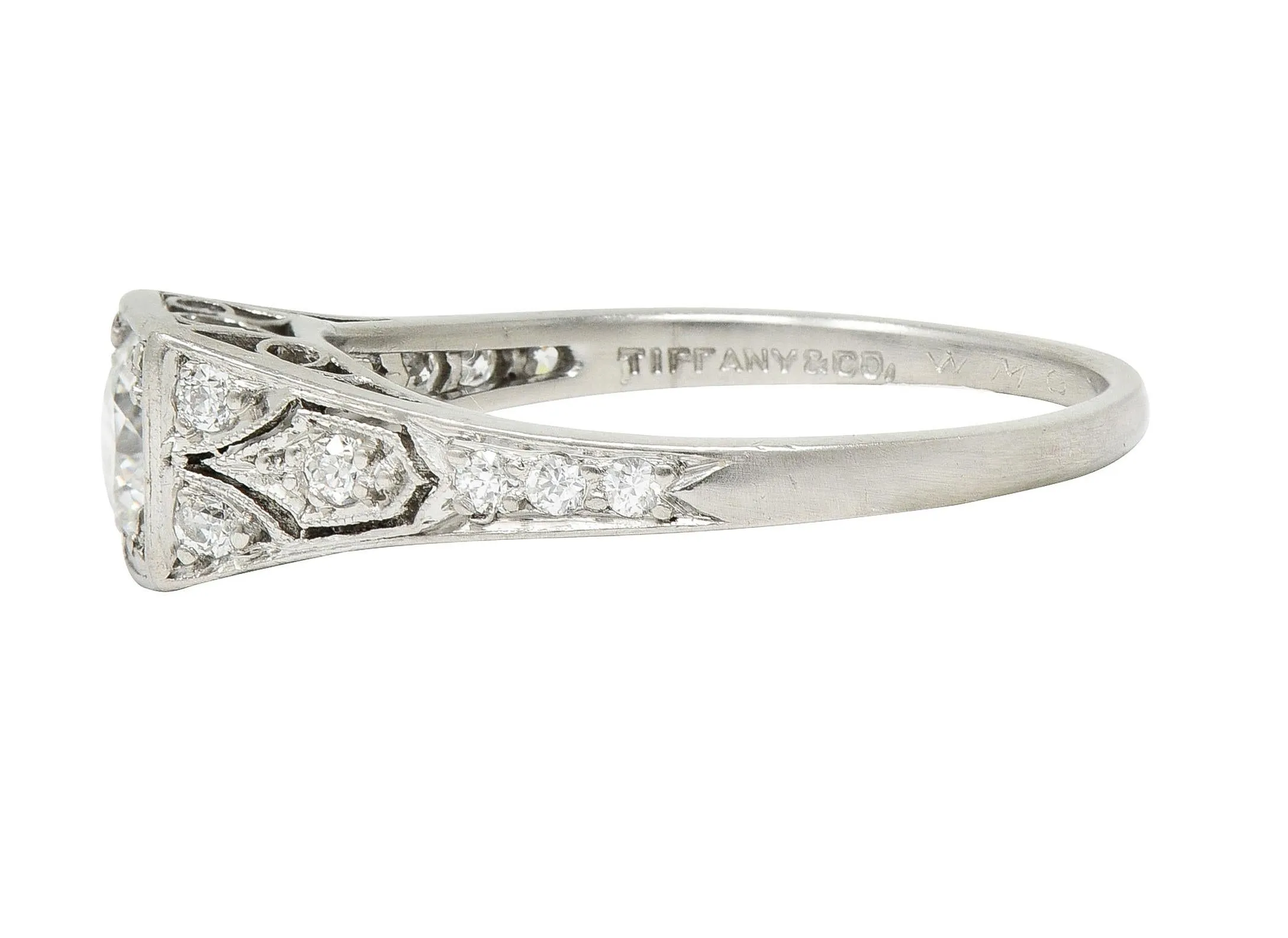 Tiffany & Co. Art Deco Old European Cut Diamond Platinum Scroll Antique Engagement Ring