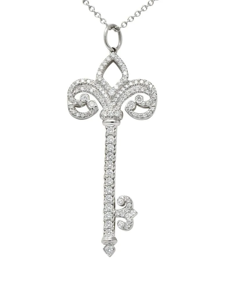 Tiffany & Co. Diamond Platinum Fleur De Lis Key Pendant Necklace