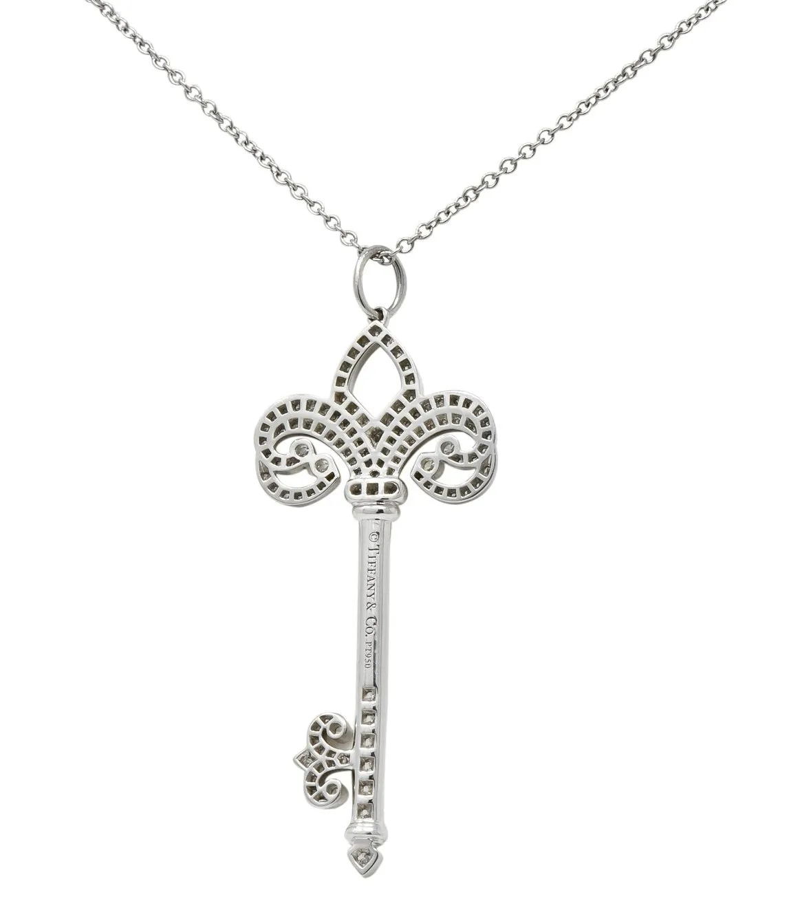 Tiffany & Co. Diamond Platinum Fleur De Lis Key Pendant Necklace