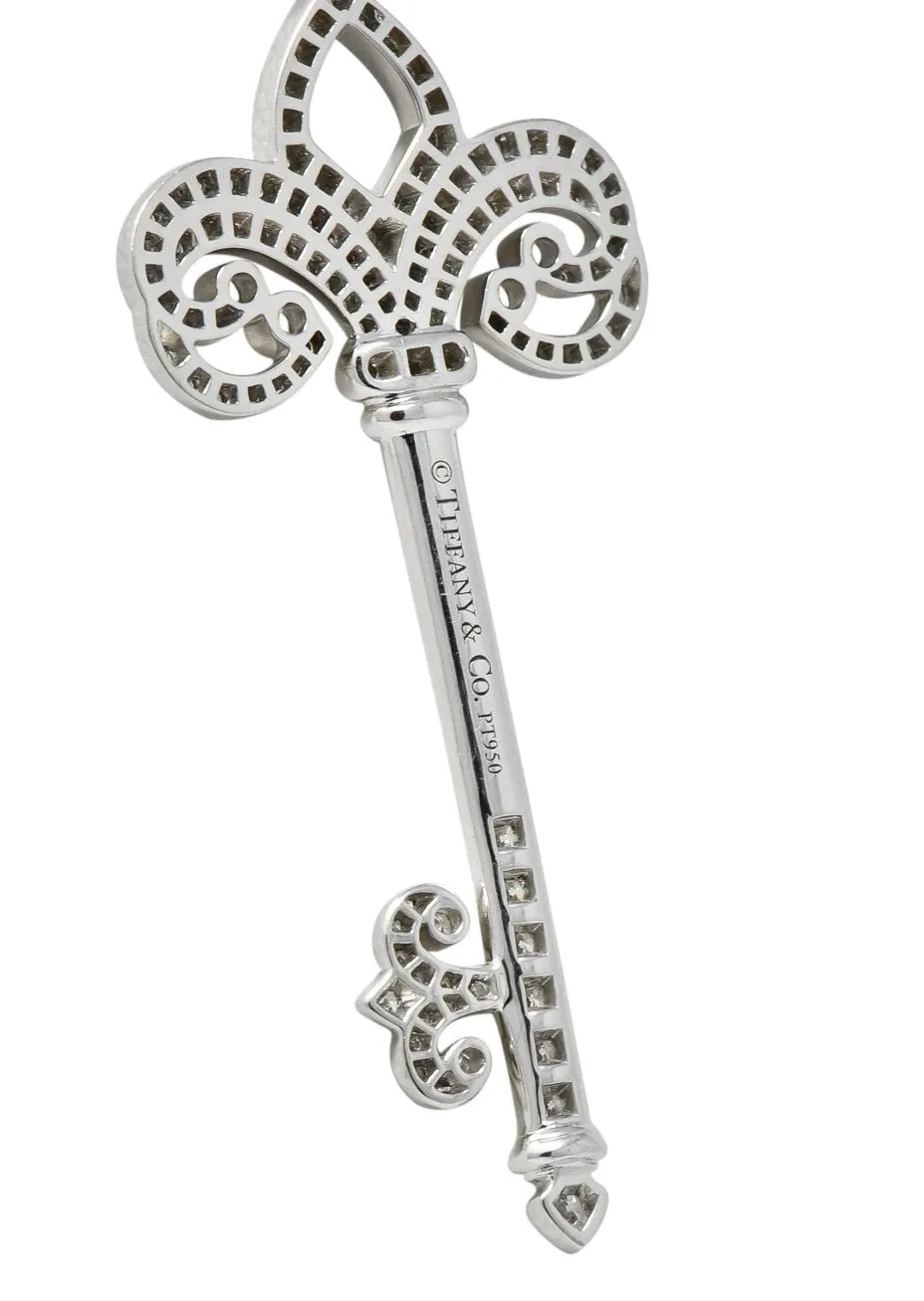 Tiffany & Co. Diamond Platinum Fleur De Lis Key Pendant Necklace