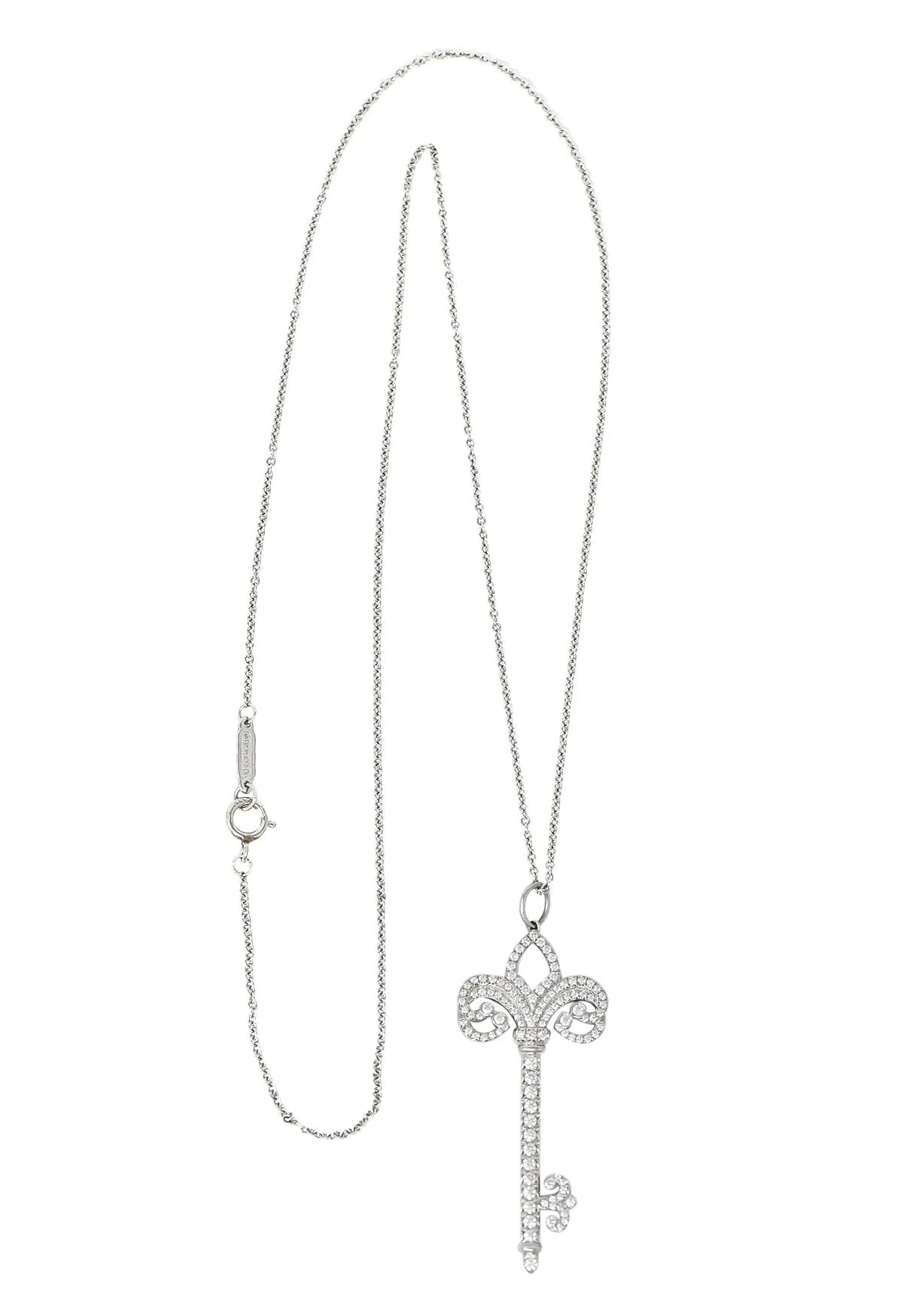 Tiffany & Co. Diamond Platinum Fleur De Lis Key Pendant Necklace