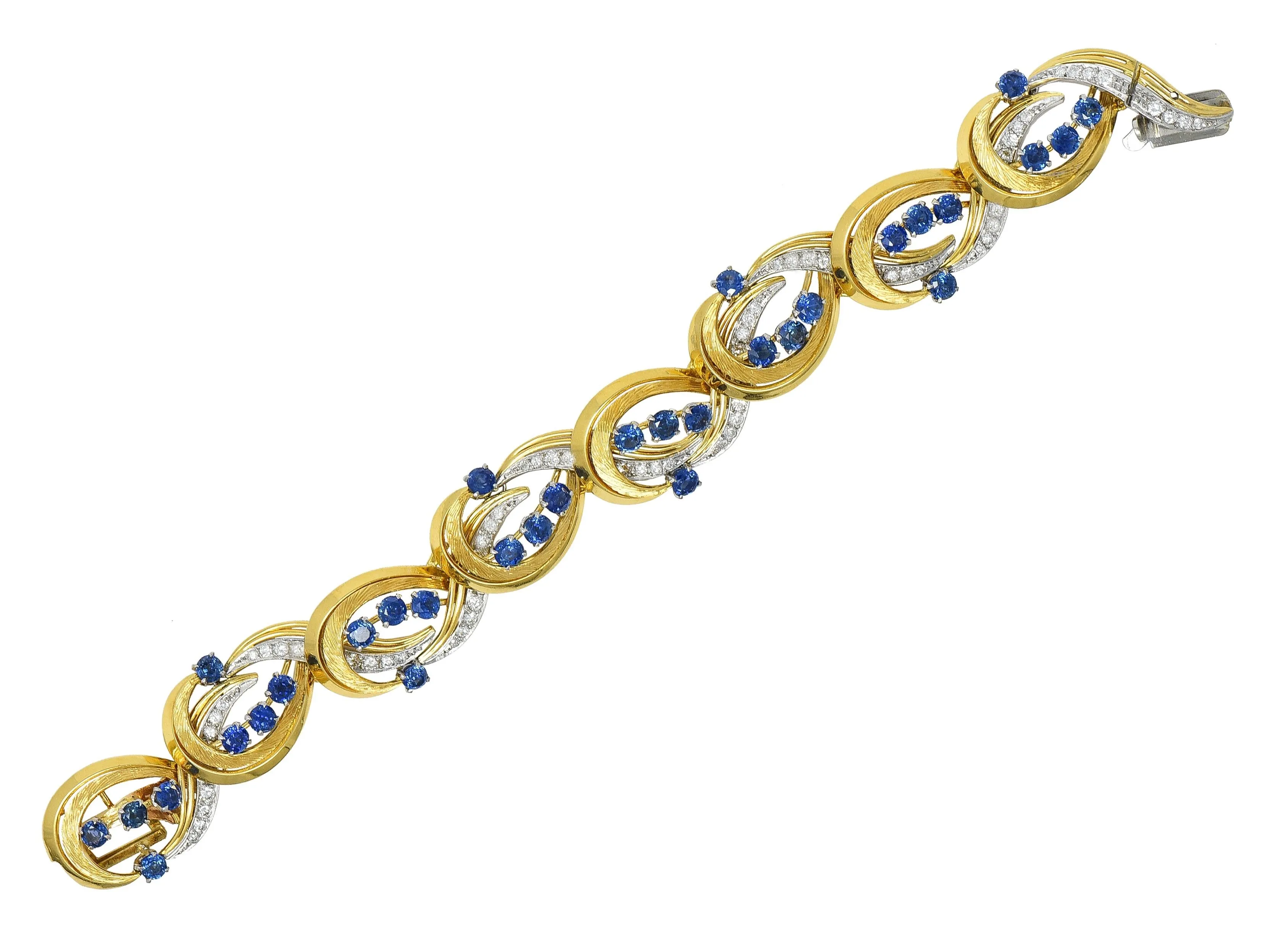 Tiffany & Co. Mid-Century 9.04 CTW Sapphire Diamond 18 Karat Gold Platinum Vintage Scroll Bracelet